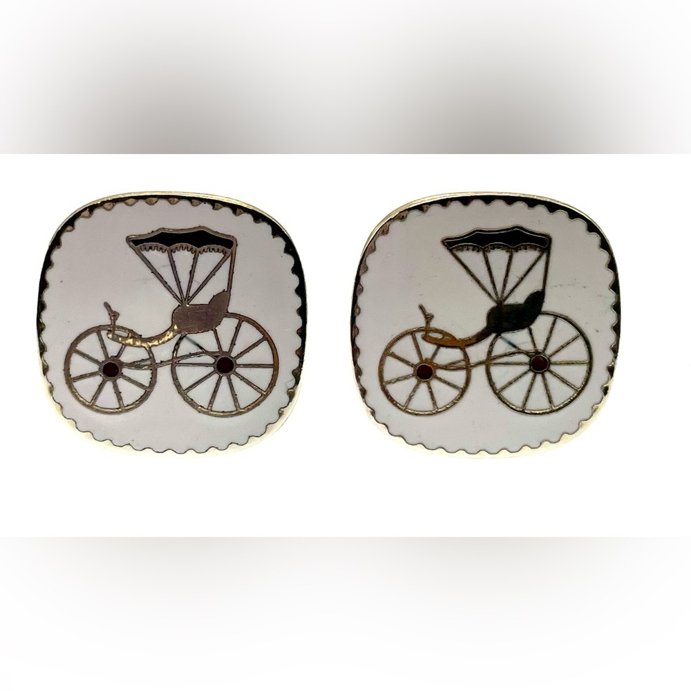 Vintage Cufflinks Gold Tone and Enamel Square Antique Car